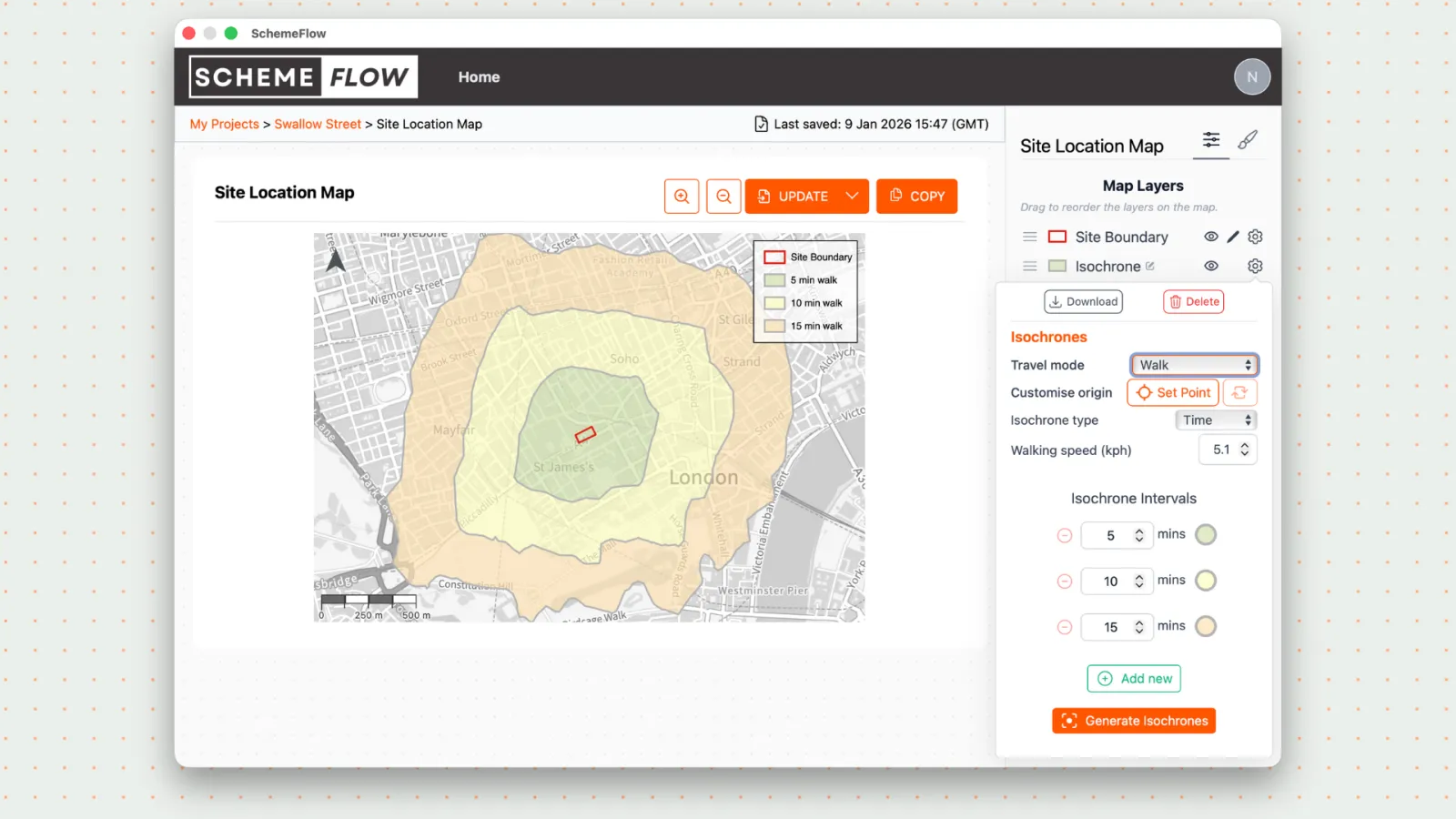 Opening the isochrone settings