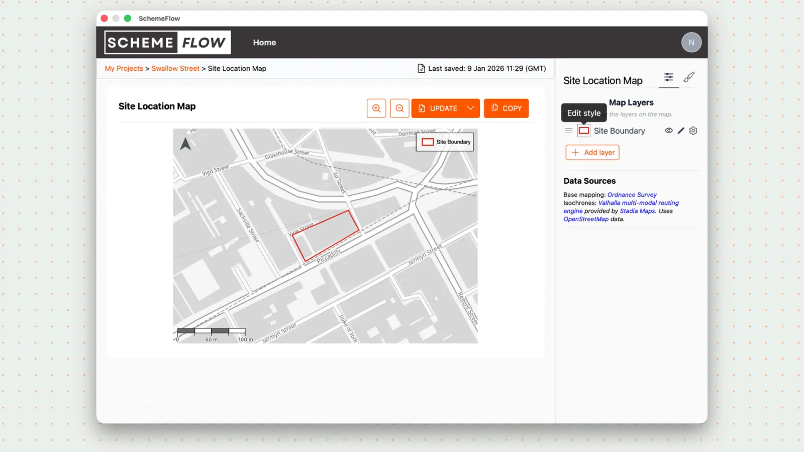 Opening the site boundary styling options