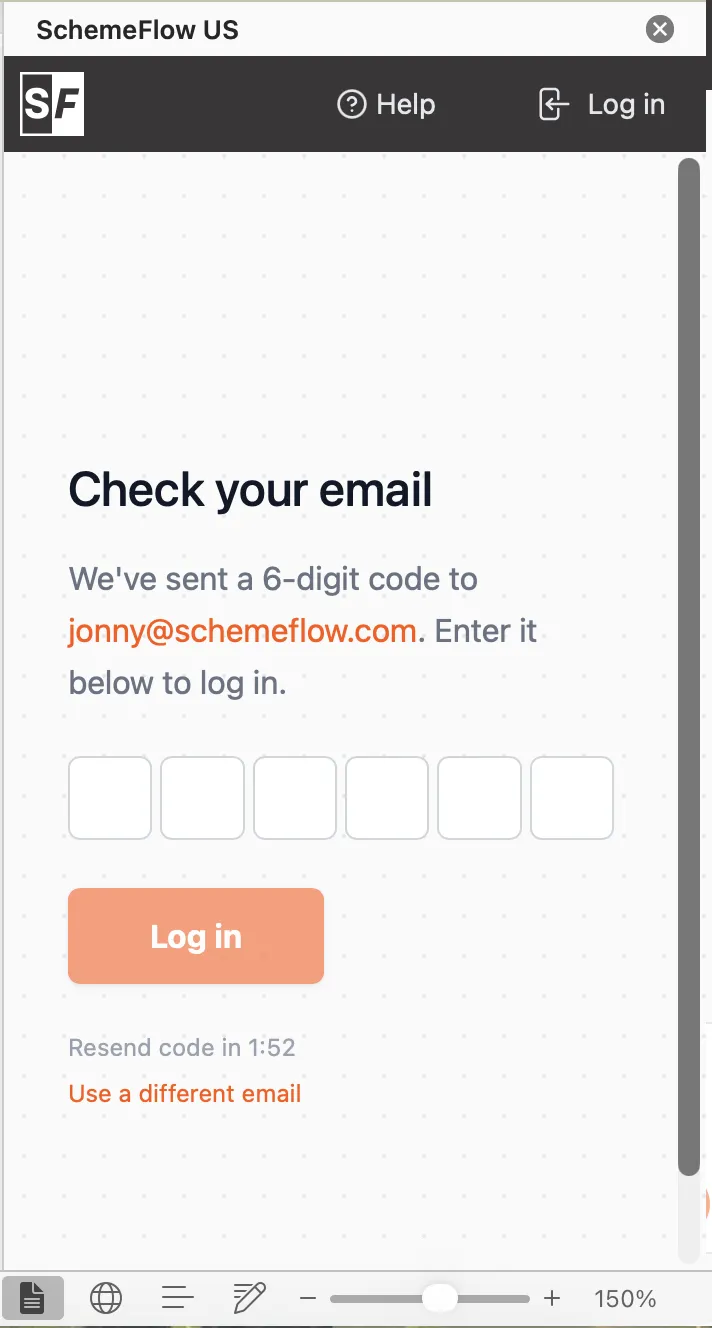 Entering the login code in the SchemeFlow sidebar