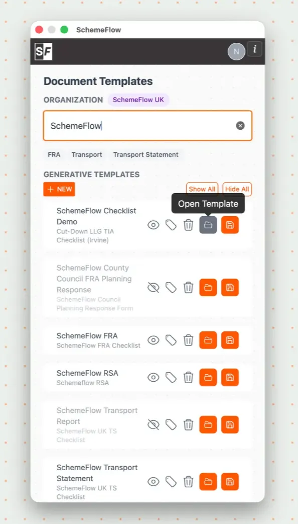 Template management interface with the Open button